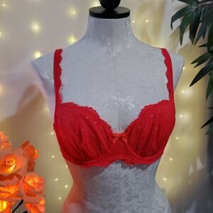 Victoria's Secret Dream Angels Unlined Demi Hot Pink Lace Rhinestone Bra 34C